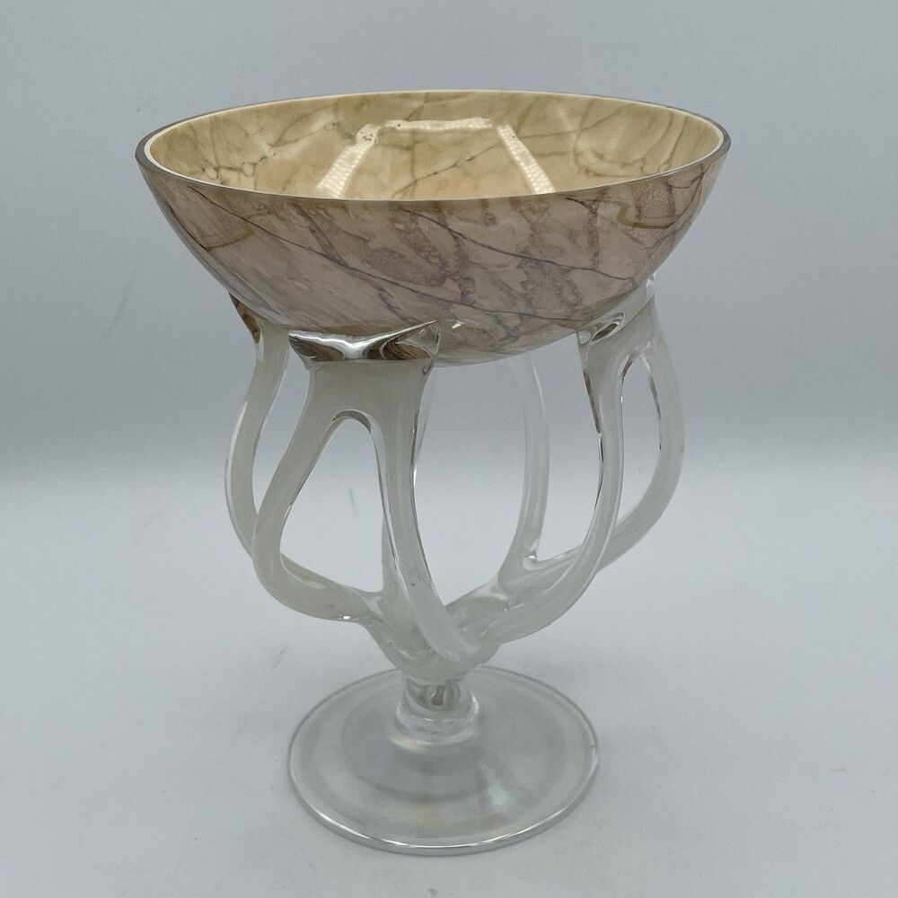 Vintage Jozefina Krosno Octopus Jellyfish Art Glass Pedestal Bowl Dish Poland